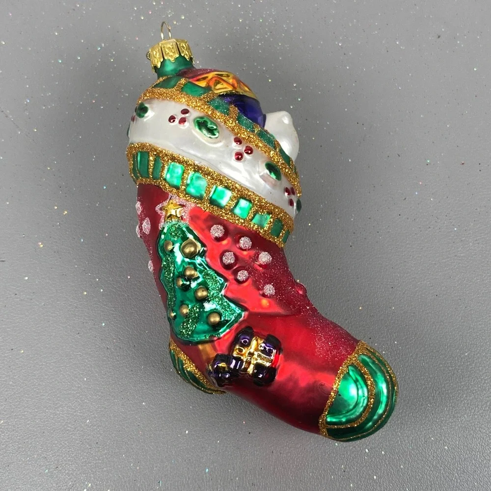 Old World Christmas Glass Holiday Ornaments Chocolate Cake & Cat In Stocking Set